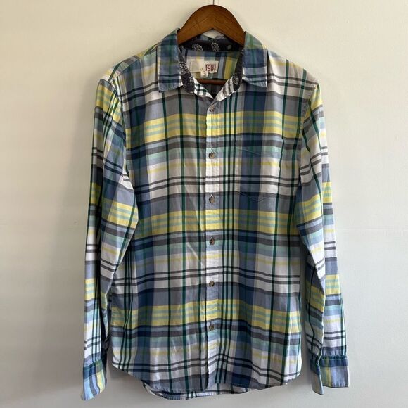 1901 Blue Green Yellow Plaid Button Down Collared Shirt Nordstroms Men's Medium - Picture 2 of 16